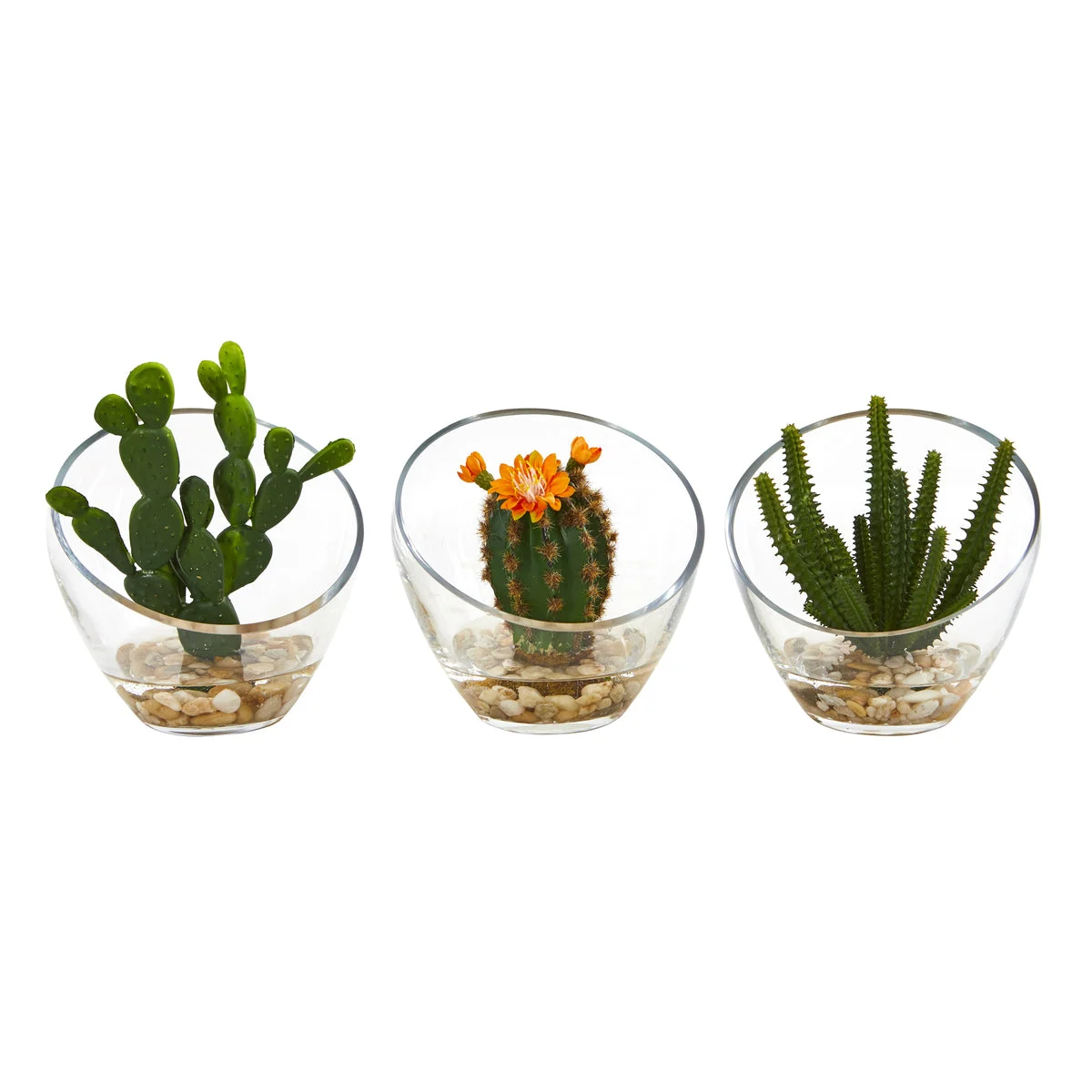 Nearly Natural 8676-S3 7" Artificial Green Mixed Succulent Plant in Glass Vase, Set of 3