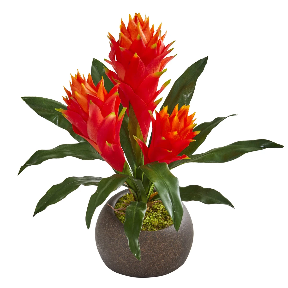 Nearly Natural P1217 15" Artificial Green & Red Triple Bromeliad Plant in Stone Planter
