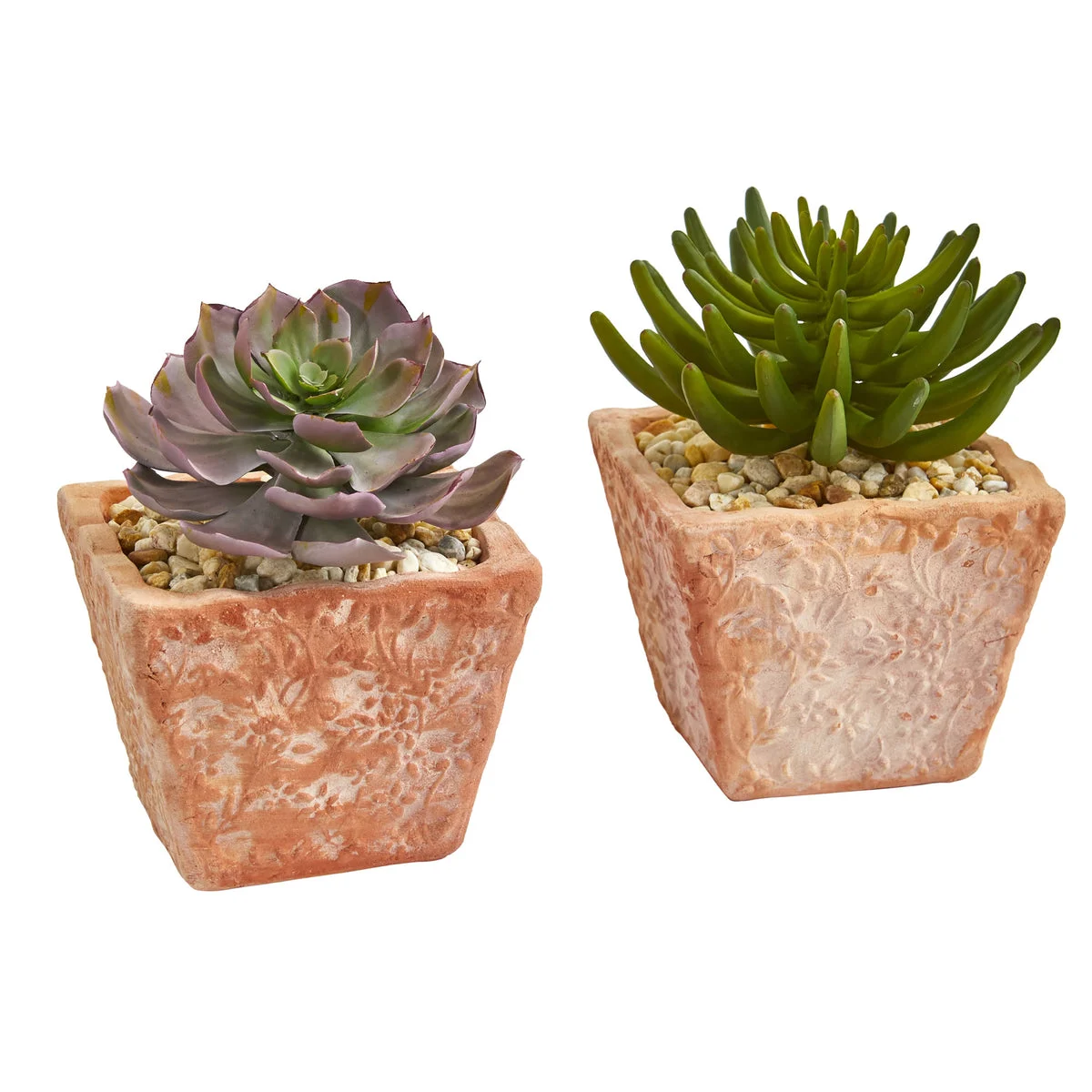 Nearly Natural 8451-S2 9" Artificial Green & Purple Succulent Plant in Terra Cotta Planter, Set of 2