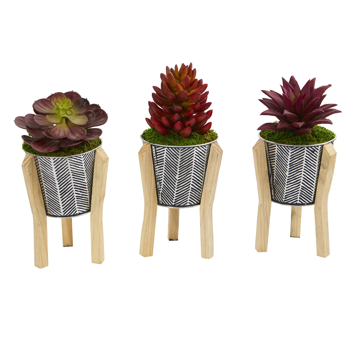 Nearly Natural P1079-S3 11" Artificial Mixed Succulent Plant in Tin Planter with Legs, Set of 3, Multicolor
