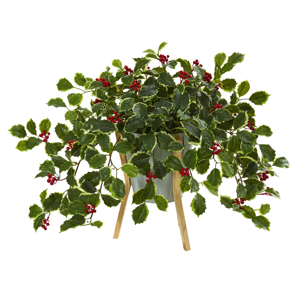 Nearly Natural P1077 22" Artificial Green Real Touch Variegated Holly Berry Plant in Green Planter with Stand