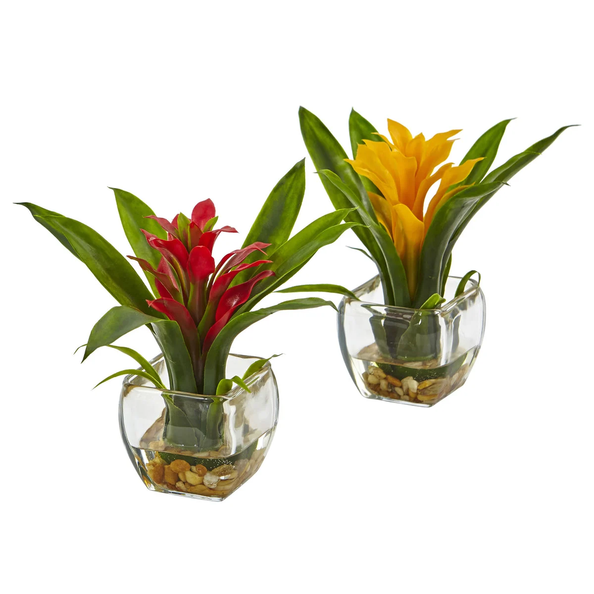 Nearly Natural 6898-S2 8"' Artificial Bromeliad with Vase Arrangement, Set of 2, Multicolor