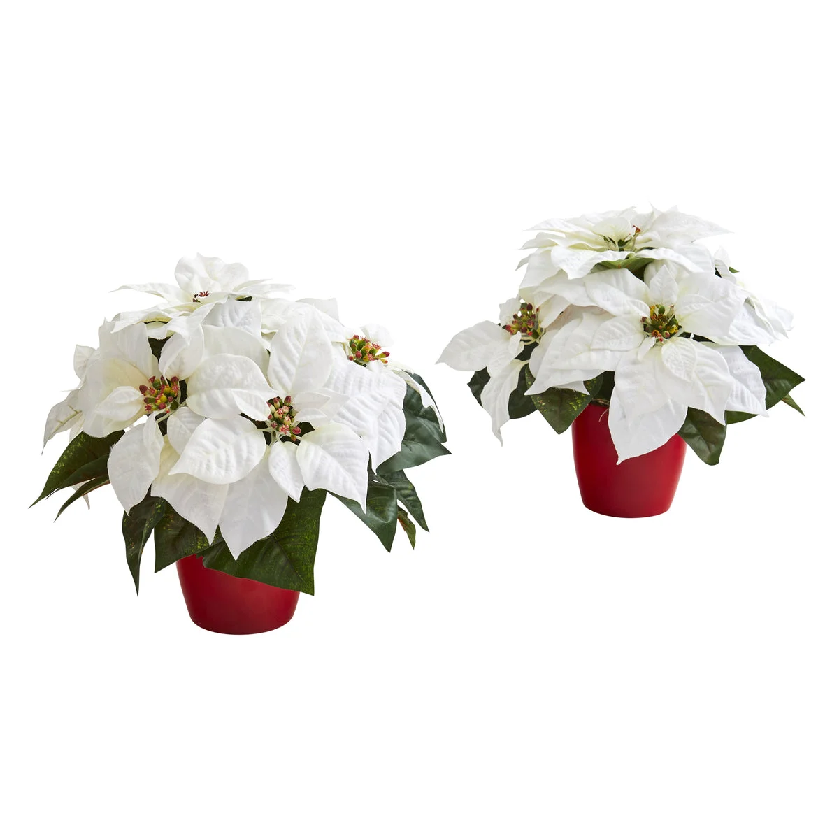 Nearly Natural P1254-S2 12" Artificial White Poinsettia Plant in Red Planter, Set of 2