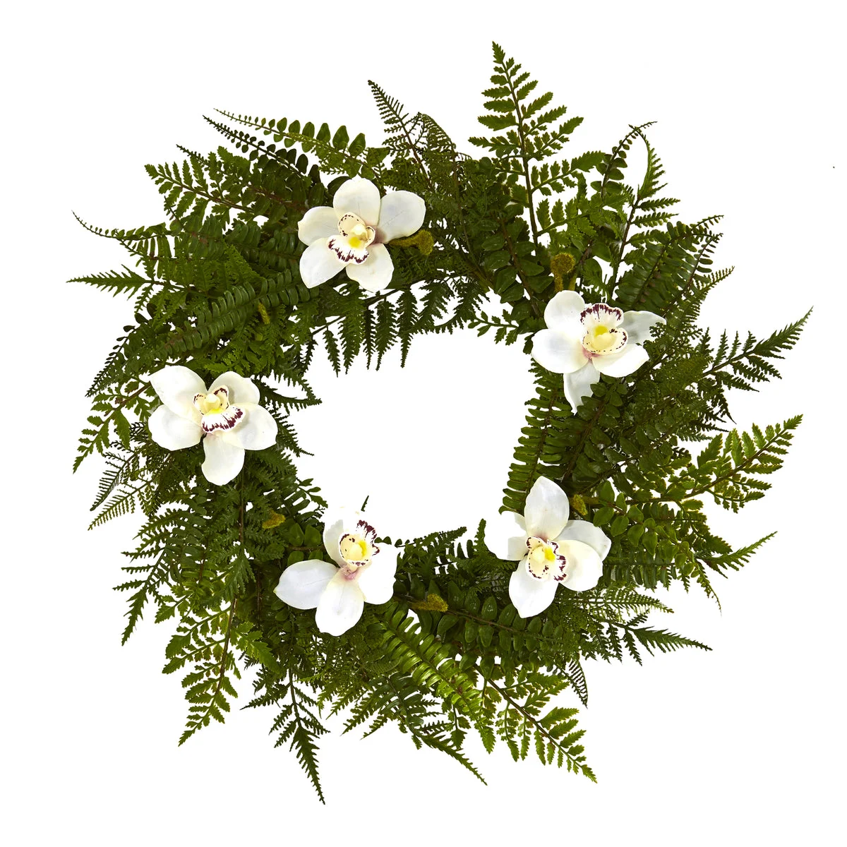 Nearly Natural 24`` Mixed Fern and Cymbidium Orchid Artificial Wreath