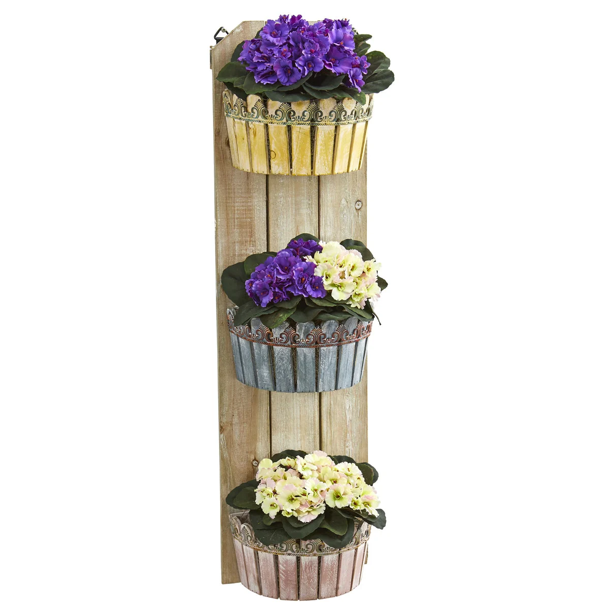 Nearly Natural 8360 39" Artificial Purple & Cream African Violet Plant in Three-Tiered Wall Decor Planter