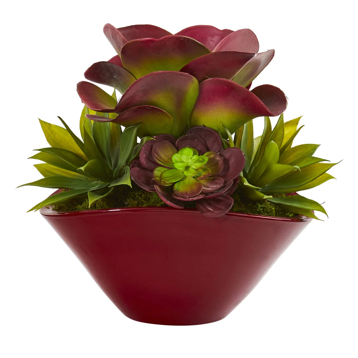 Nearly Natural P1264 11" Artificial Green & Red Mixed Succulent Plant in Burgundy Planter