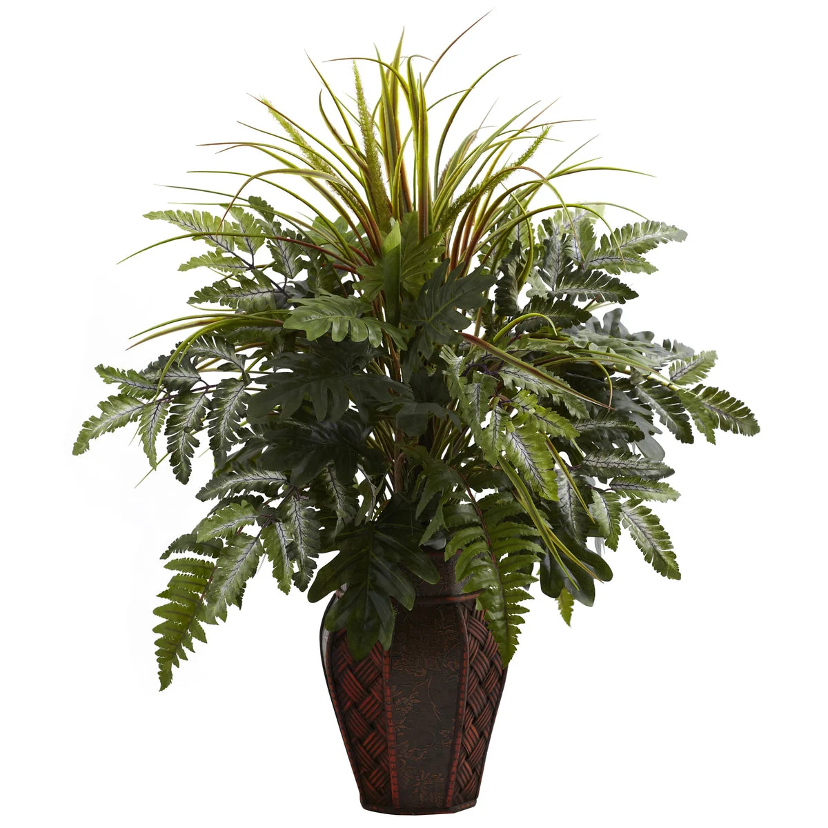 Nearly Natural 6754 29" Artificial Green Mixed Grass & Fern with Decorative Planter