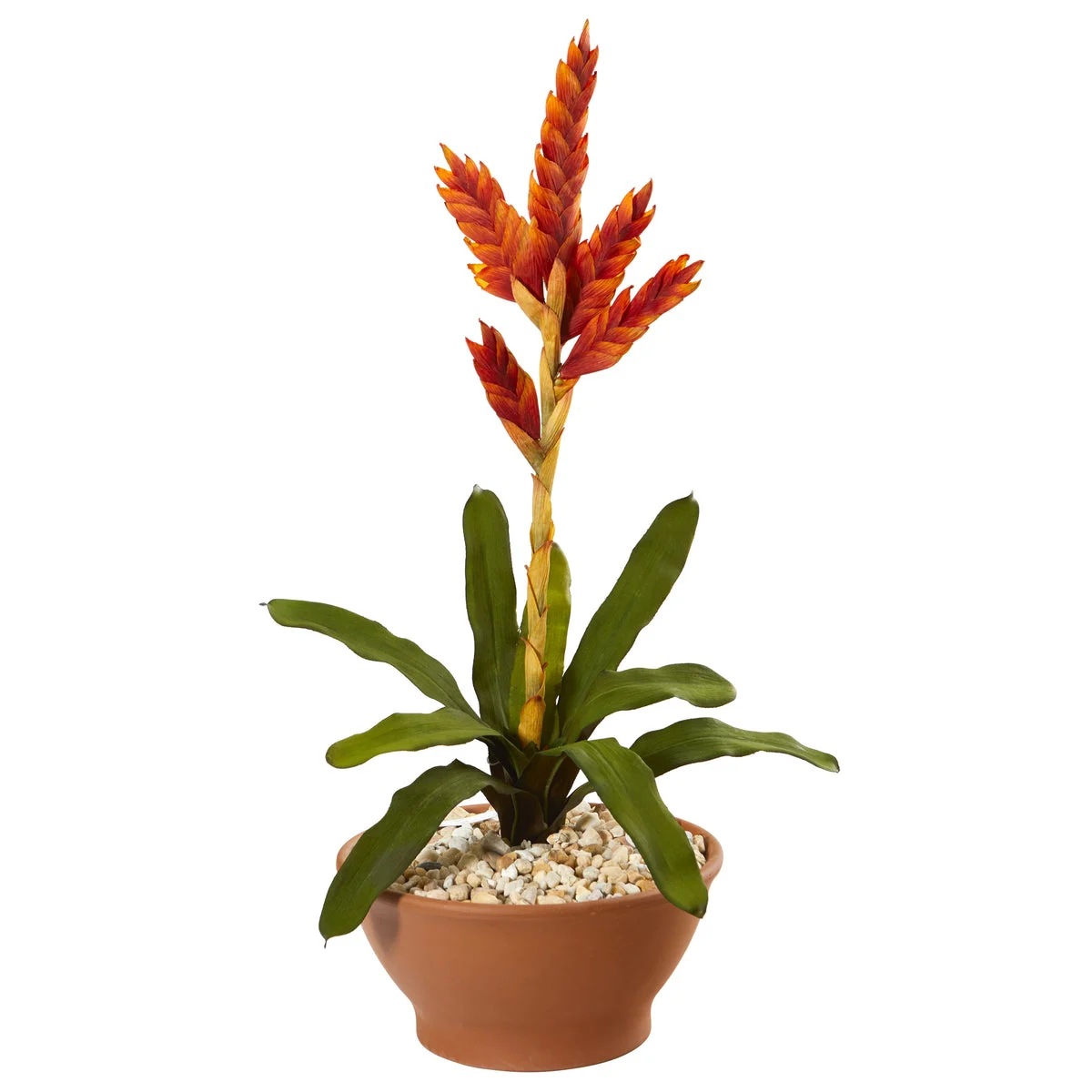 Nearly Natural P1108 23" Artificial Green & Red Tropical Bromeliad Plant in Terracotta Planter