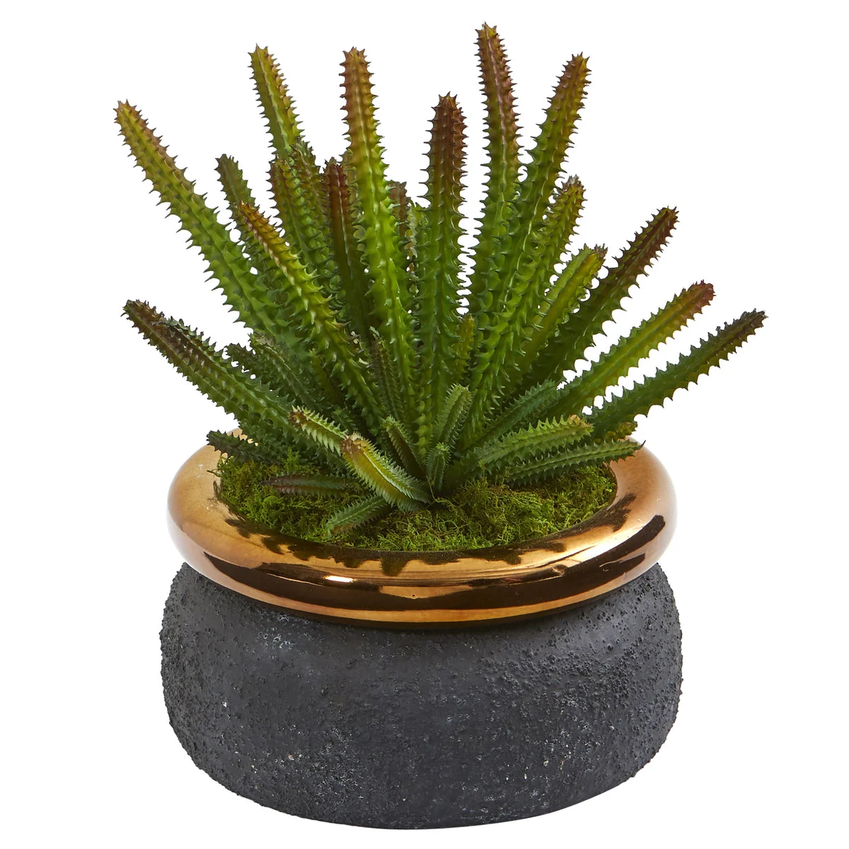 Nearly Natural P1131 10" Artificial Green Cactus Plant in Black Planter with Bronze Rim