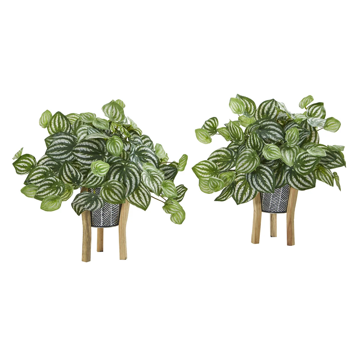 Nearly Natural 8923-S2 14" Artificial Green Real Touch Watermelon Peperomia Plant in Tin Planter with Legs, Set of 2
