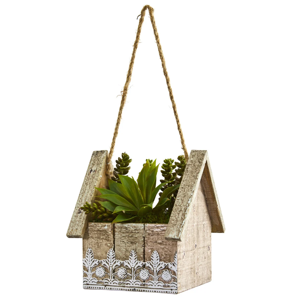Nearly Natural 8254 8" Artificial Green Succulent Garden Plant in Birdhouse Hanging Planter