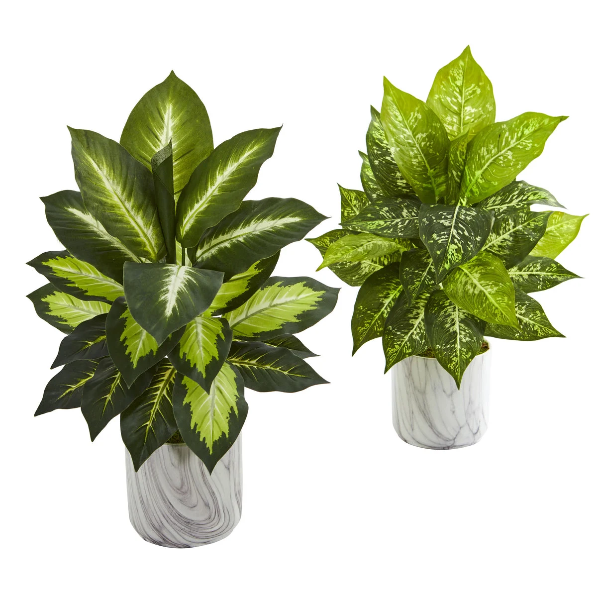 Nearly Natural 8190-S2 20" Artificial Green Dieffenbachia Plant in Marble Finish Planter, Set of 2
