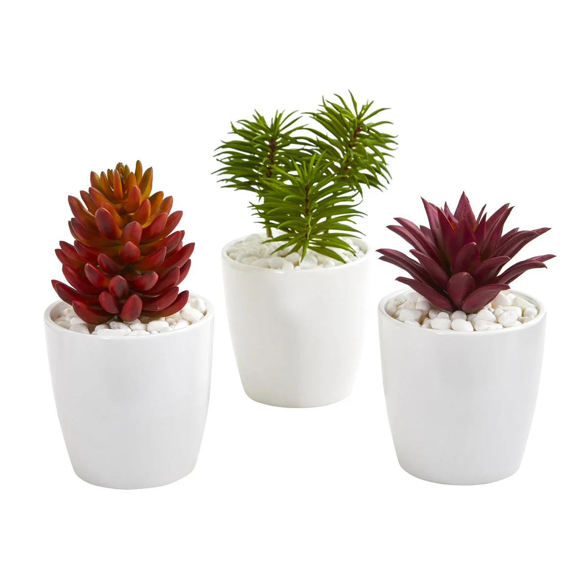 Nearly Natural 8448-S3 10" Artificial Green & Red Mixed Succulent Plant in White Vase, Set of 3