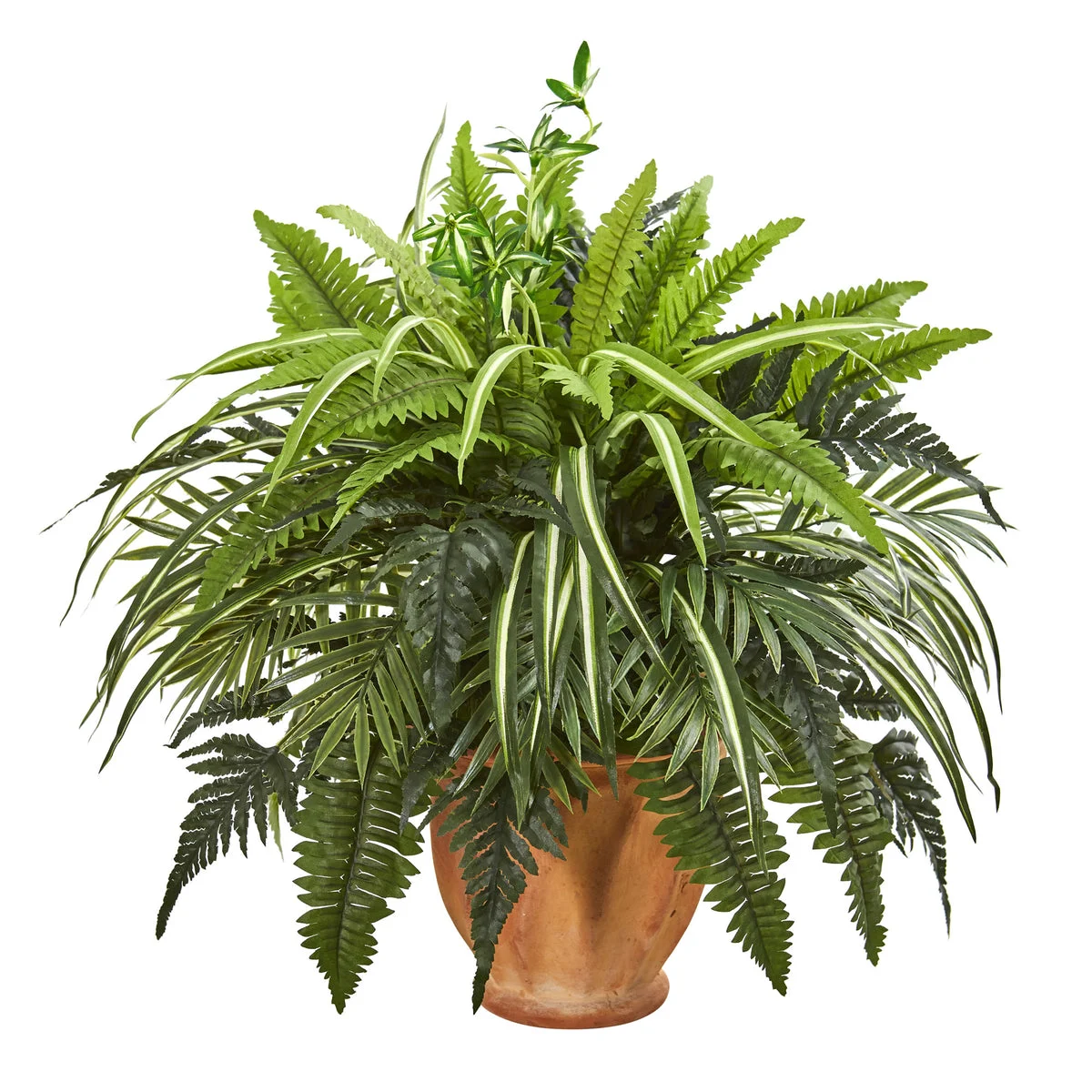 Nearly Natural 8519 23" Artificial Mixed Greens & Fern Plant in Terra Cotta Planter