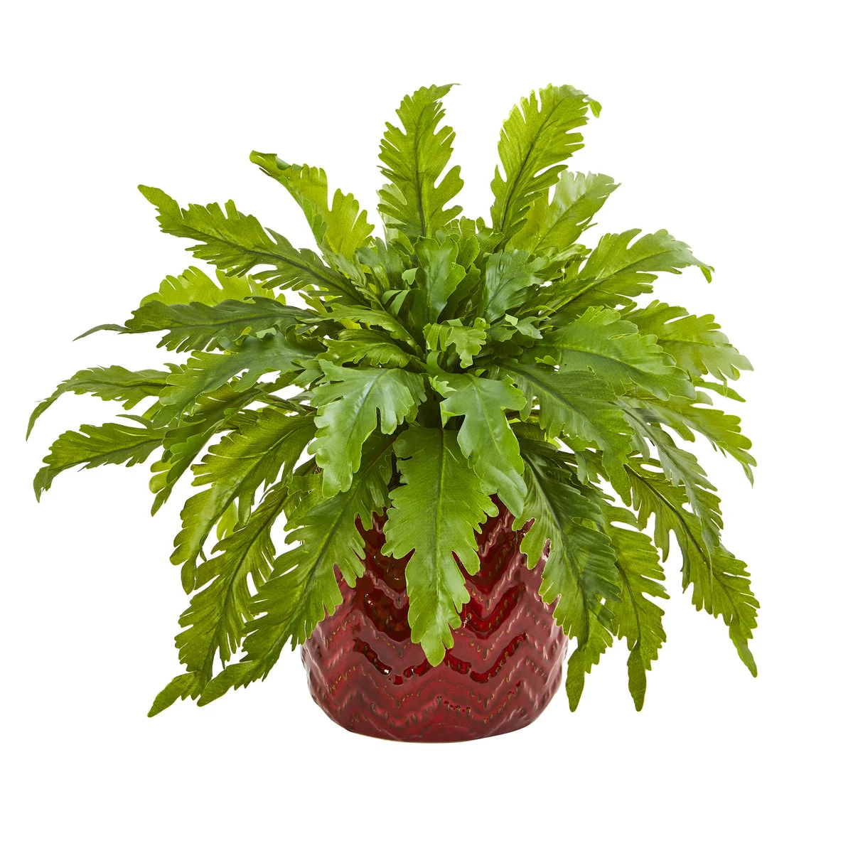 Nearly Natural 8740 14" Artificial Green Fern Plant in Red Vase