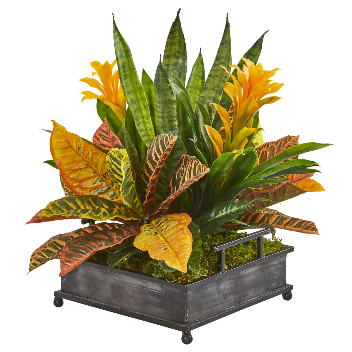 Nearly Natural 8674 18" Artificial Bromeliad, Croton & Sansevieria Plant in Decorative Tray, Multicolor