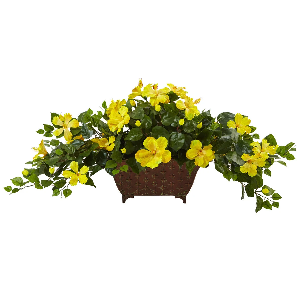Nearly Natural 6935 17" Artificial Green & Yellow Hibiscus in Metal Planter