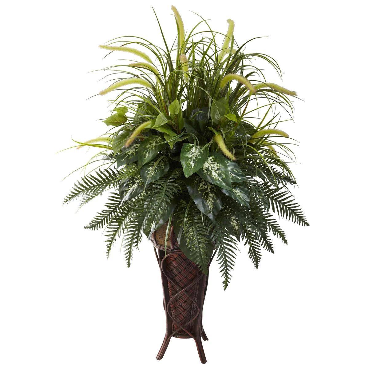 Nearly Natural 6725 50" Artificial Mixed Greens & Cattails with Stand Planter