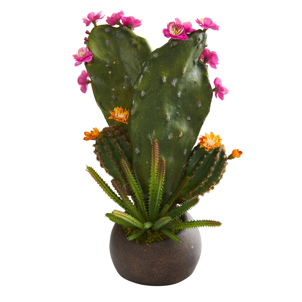Nearly Natural P1218 16" Artificial Green Mixed Cactus Plant in Stone Planter