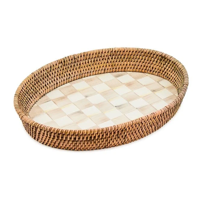 Mackenzie-Childs Mocha Check Enamel & Rattan Large Tray