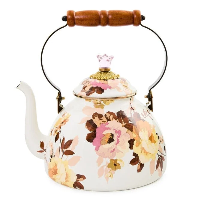 Mackenzie-Childs Wild Rose White 3 Quart Tea Kettle