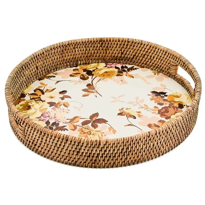 Mackenzie-Childs Wild Rose White Enamel & Rattan Round Serving Tray