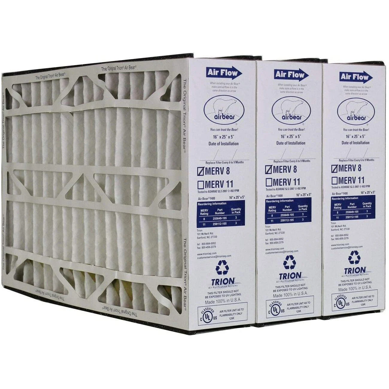 Trion 255649-105 Air Bear 16 x 25 x 5 Inch MERV 8 Air Purifier Filter (3 Pack)