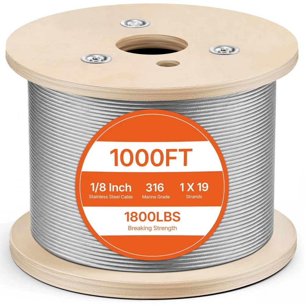 VEVOR 1/8 Inch Wire Rope, 1000 ft Length, 316 Stainless Steel Wire Cable with Cutter, 1760 lbs Breaking Strength, 1 x 19 Strands Construction, Steel Cable for Deck Railing System, Garden Trellis
