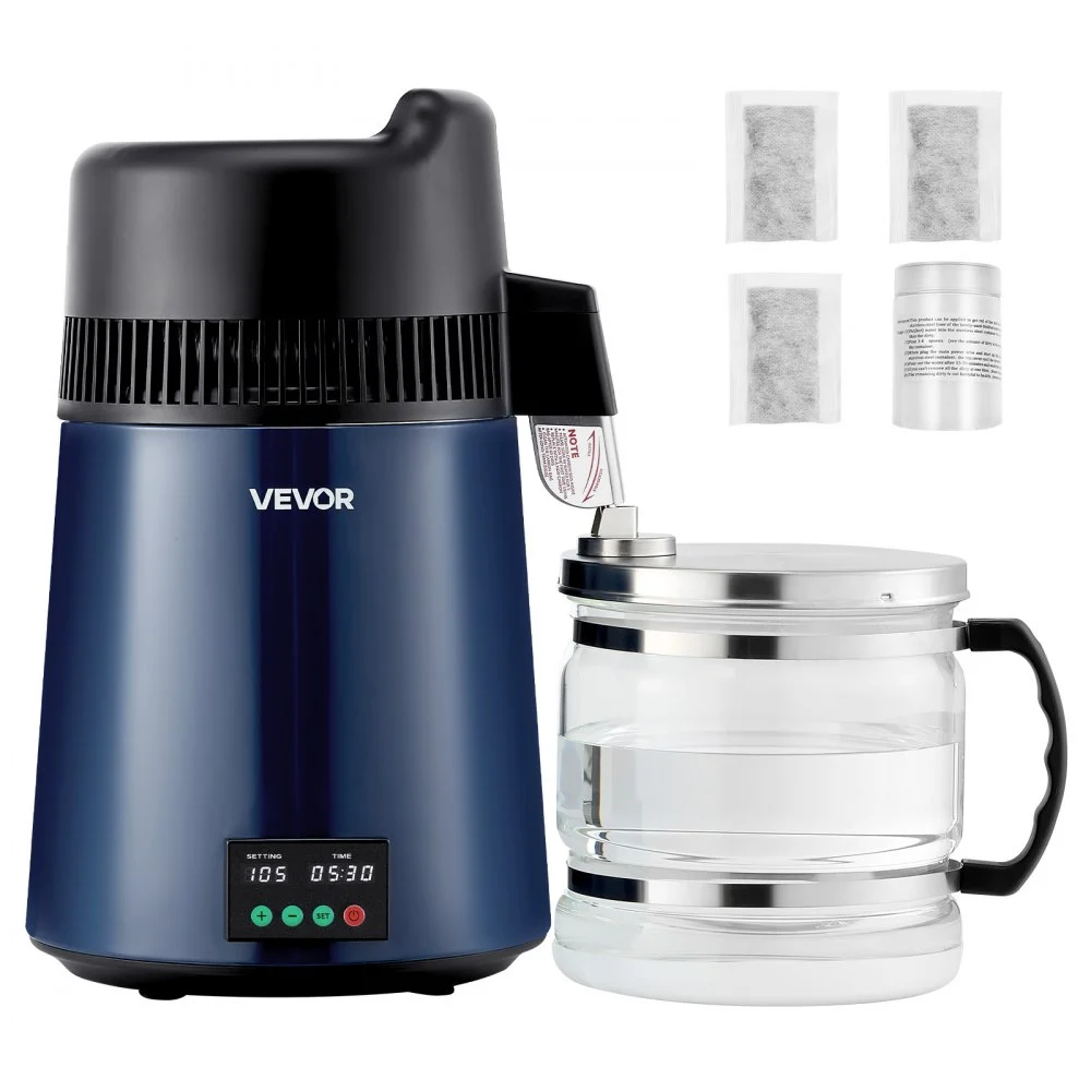 VEVOR Water Distiller, 6L 1.6 Gallon Larger Pure Water Purifier Filter For Home Table Countertop, 900W Glass Pot Distilled Maker, Stainless Steel Body Drinking Machine to Make Clean Waters, Blue-Black
