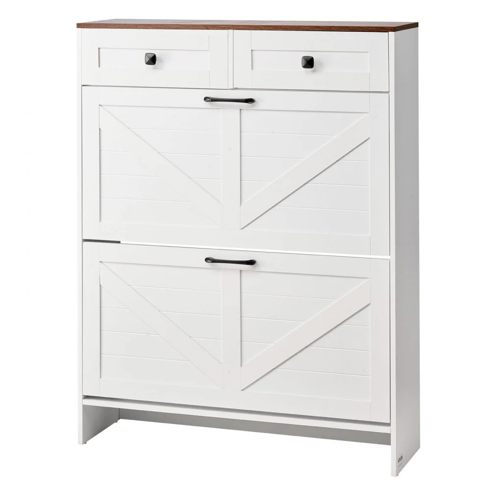 VEVOR Shoe Cabinet with 2 Flip Drawers, Farmhouse Shoes Storage Cabinet with 2 Drawers and Anti-Tipping Device, Freestanding Shoe Organizer Ideal for Entryway, Hallway, Bedroom, Living Room, White