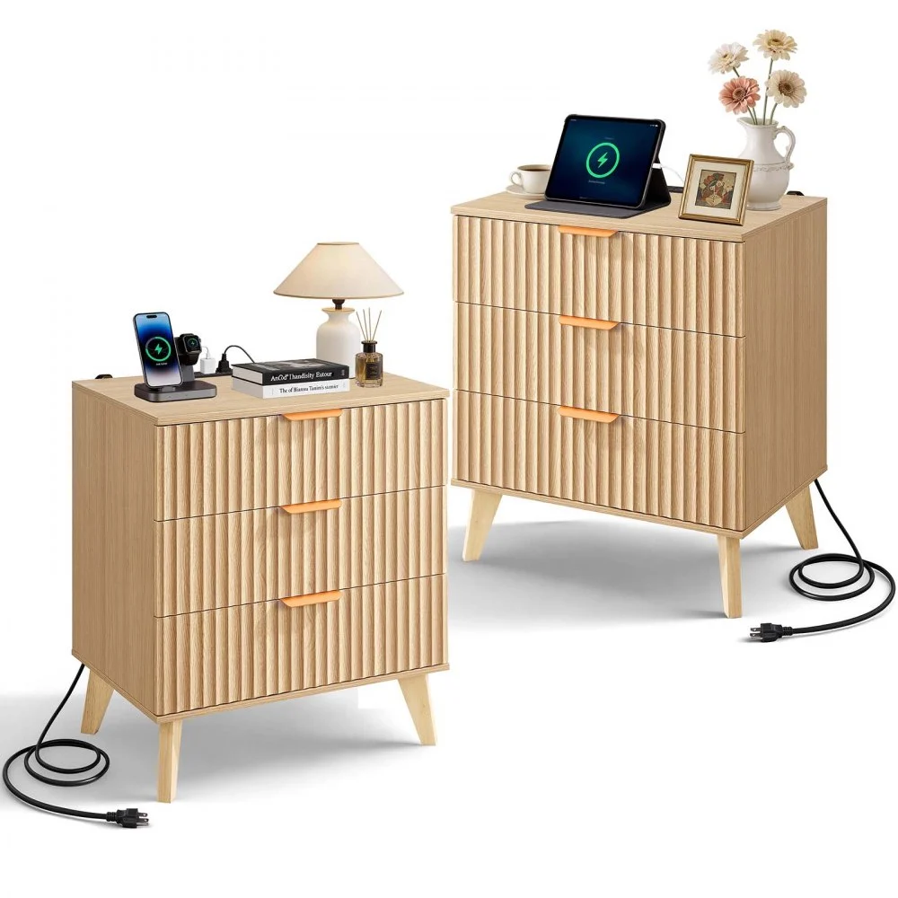 VEVOR Fluted Nightstands with Charging Station, Set of 2, Dresser for Bedroom with 3 Drawers, Mid Century Modern End Table, Bedside Cabinet Side Table Chest of Dresser, for Bedroom, Living Room, Khaki