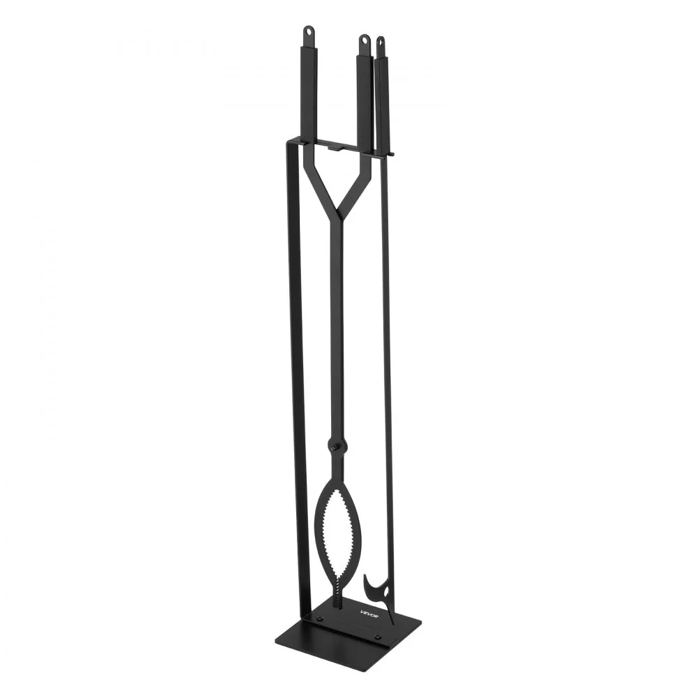 VEVOR Fireplace Tool Set, 3 PCS Fire Tool Set and Holder with Stand, Tongs, Fire Place Poker, Wrought Iron Fireplace Accessories for Campfire Backyard Bonfire Indoor/Outdoor, Black