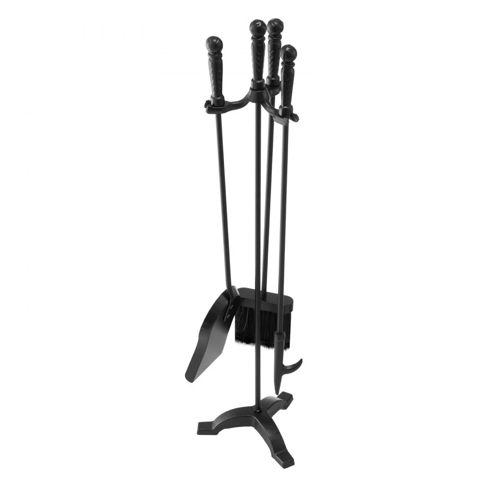 VEVOR Fireplace Tool Set, 4 PCS Fire Tool Set and Holder with Three-Prong Stand, Ash Shovel, Brush, Fire Place Poker, Wrought Iron Fireplace Accessories for Campfire Indoor/Outdoor, Black