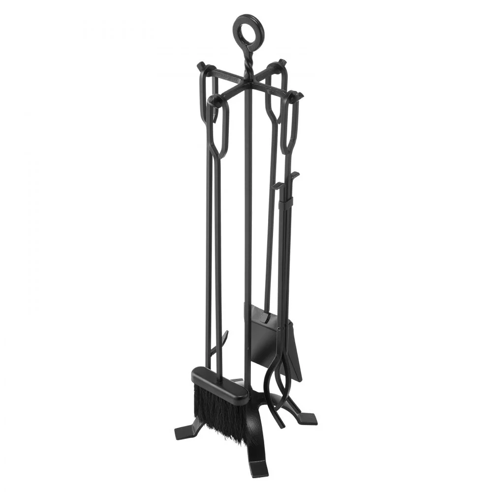 VEVOR Fireplace Tool Set, 5 PCS Fire Tool Set and Holder with Four-Prong Stand, Tongs, Ash Shovel, Brush, Fire Place Poker, Wrought Iron Fireplace Accessories for Campfire Indoor/Outdoor, Black