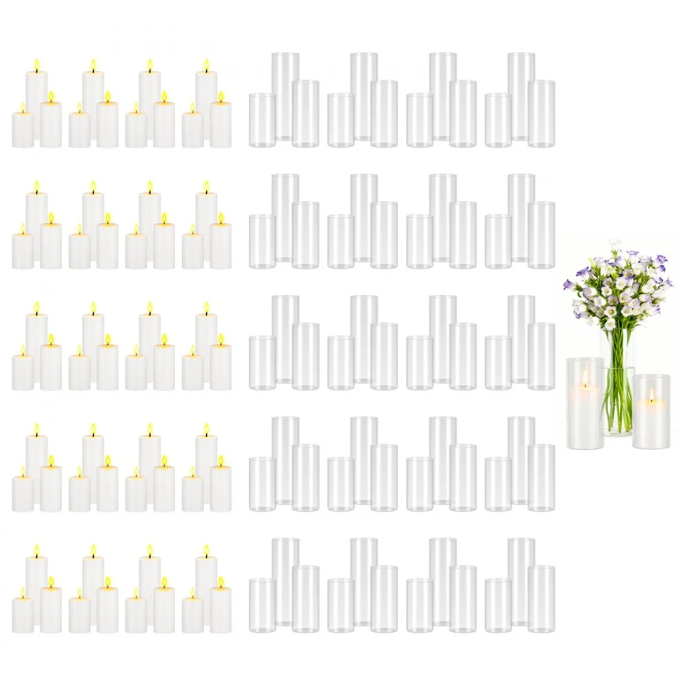Summer Sale
VEVOR Pillar Candles and Glass Vases Set 120 Pcs, Clear Cylinder Hurricane Candle Holders for Wedding Centerpieces, Tall Vase for Table Decor, Wedding Party,Thanksgiving,White (2.56" x 4.7",5.9",7.9")