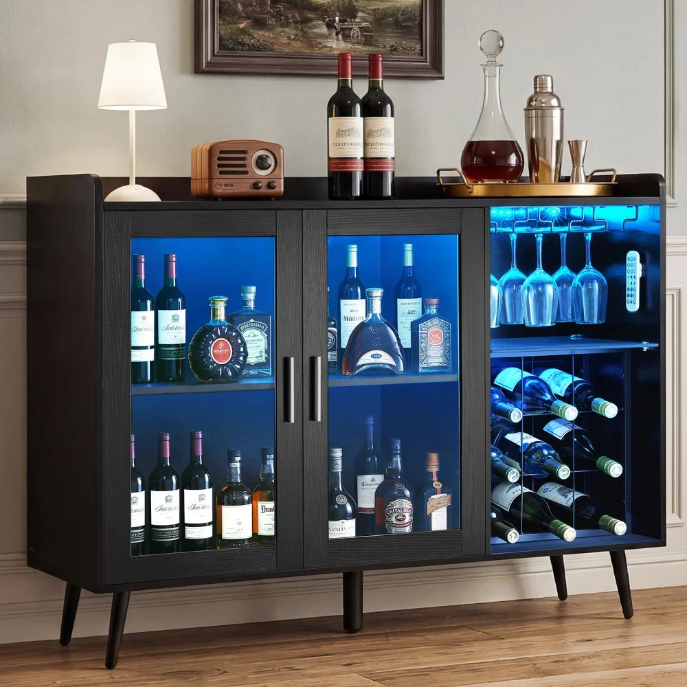 VEVOR Wine Cabinet, Coffee Bar Cabinet with 9 Wine Bottle Racks, Modern Buffet Sideboard with Glass Holder, Adjustable LED Brightness, for Home Kitchen, Living Room, Dining Room, Black Wood Grain