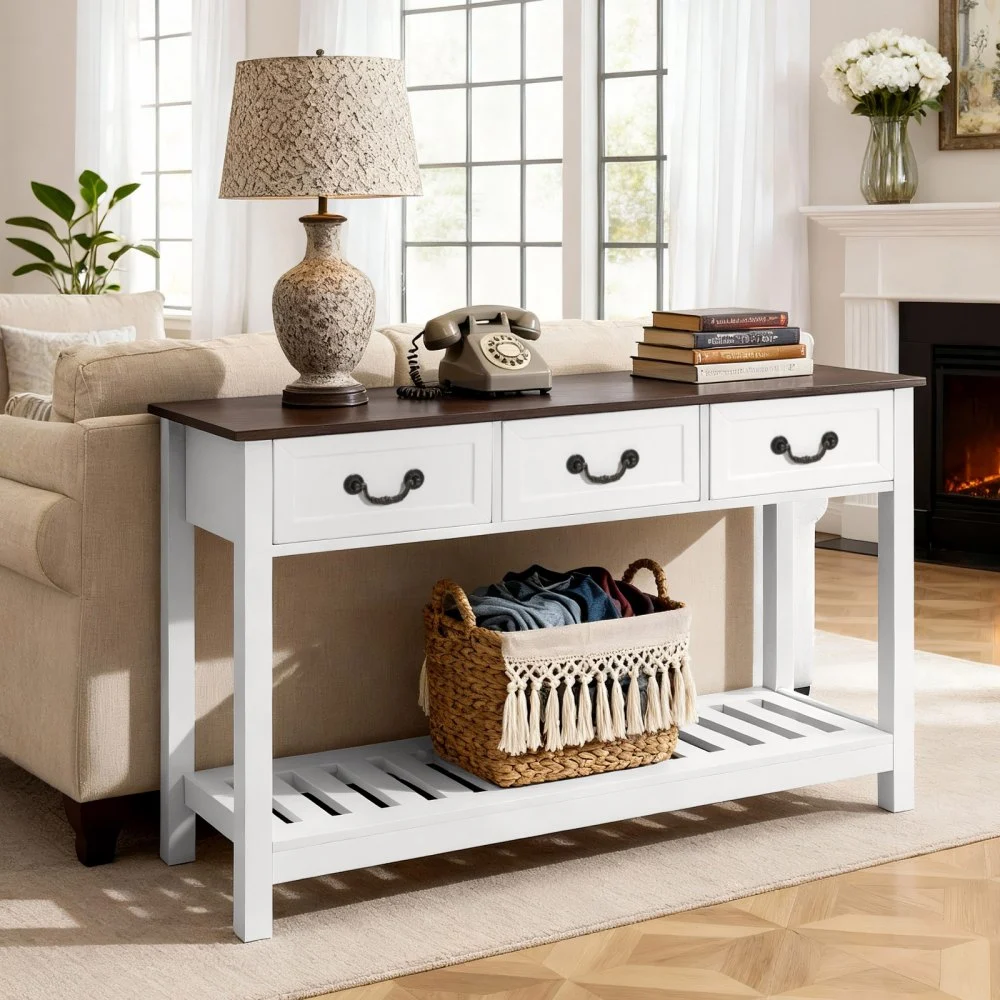 VEVOR 47 in Console Table, Farmhouse Desk Behind the Couch with Drawers and Bottom Storage Shelf, Wooden Rectangle Entrance Narrow Sofa Table for Hallway, Bedroom, Living Room, Foyer, Brown + White