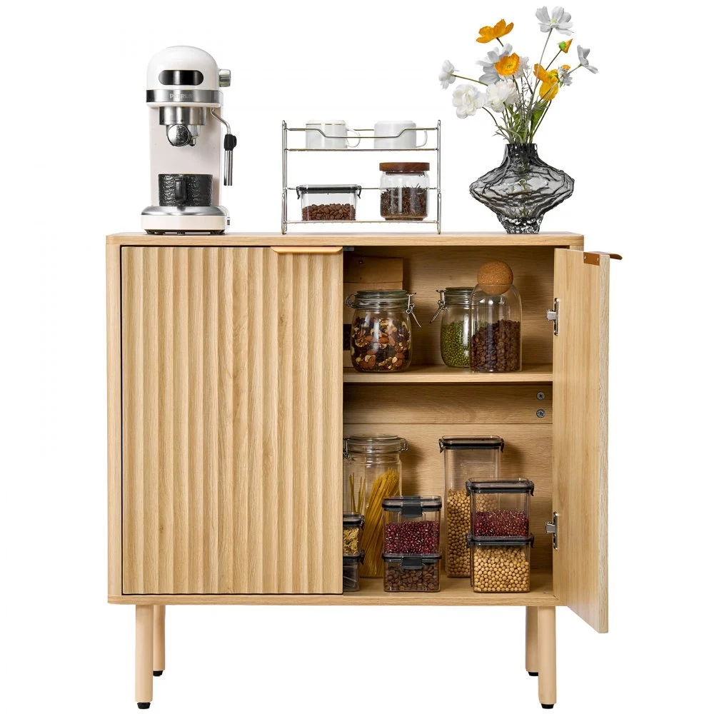 VEVOR Coffee Bar Cabinet, Mid Century Fluted Coffee Bar Table with 2-Tier Storage, Buffet Stand Cabinet with 2 Barn Door, Sideboard Buffet Station for Living Room, Entryway, 31.5 x 14.7 x 31.5 in, Oak