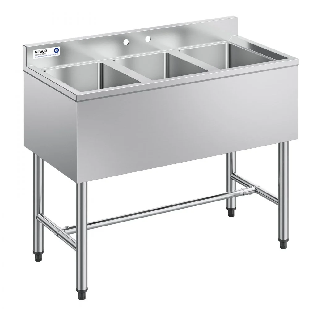 Summer Sale
VEVOR 3 Compartment Sink, 18-Gauge 304 Stainless Steel, 10" x 14" x 10" Bowl Size, 3 Bay Commercial Under Bar Sink with Backsplash and Efficient Drainage for Kitchen, Restaurant, Food Truck & Home Use