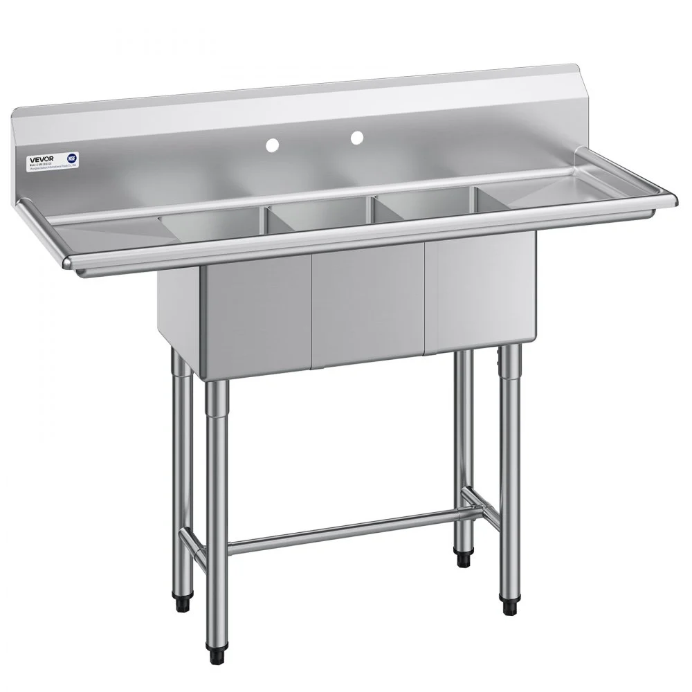 Summer Sale
VEVOR 3 Compartment Sink, 18-Gauge 304 Stainless Steel, 10" x 14" x 10" Bowl Size, 3 Bay Commercial Kitchen Prep & Utility Sink with 2 Drainboards and Backsplash for Restaurant, Food Truck & Home Use