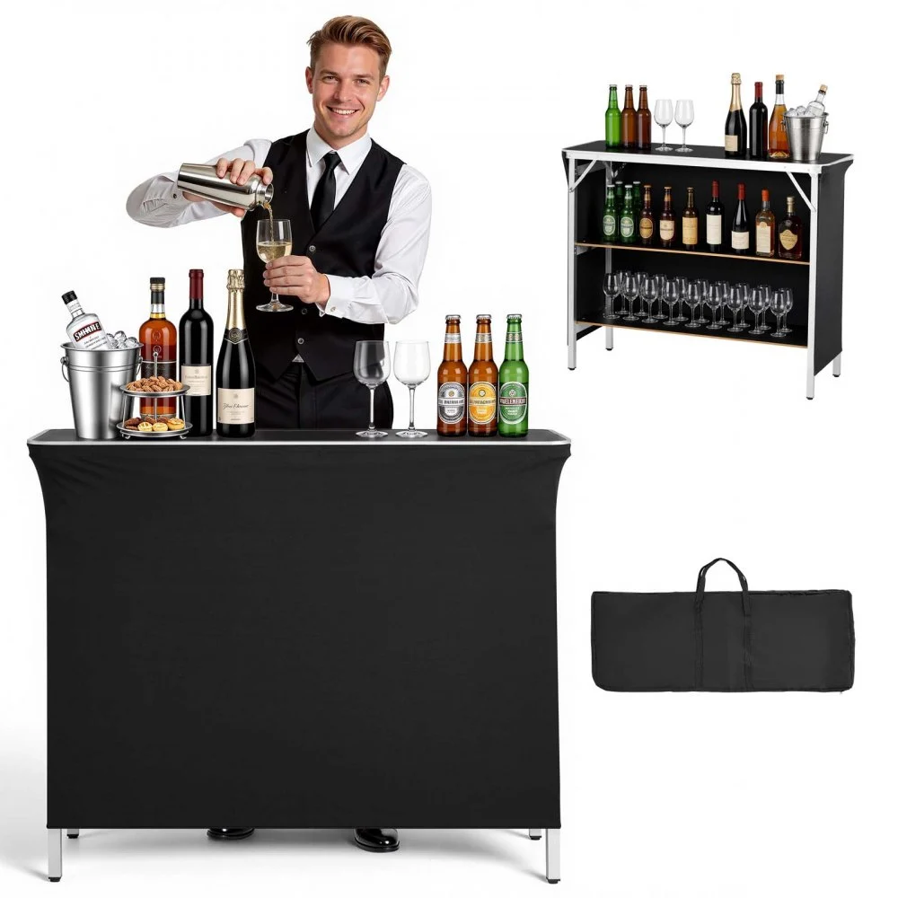 VEVOR Folding Portable Bar Table, 43.3 x 15.2 x 34.8 in, with Carry Bag, 2 Storage Shelves, and Detachable Skirt, Quick and Easy Setup, Foldable Mobile Bartending Station for Events, Party, Tradeshow