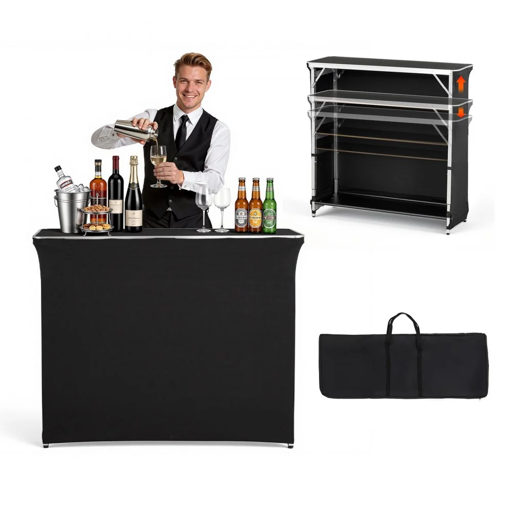 VEVOR Folding Portable Bar Table, 43.5 x 15.4 x 39.8 in, with Carry Bag, 2 Storage Shelves, and Detachable Skirt, Quick and Easy Setup, Foldable Mobile Bartending Station for Events, Party, Tradeshow