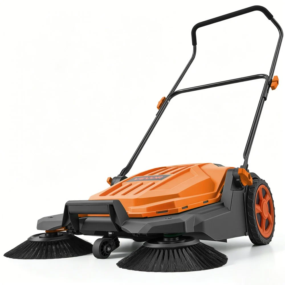 VEVOR Walk-Behind Hand Push Floor Sweeper, Manual Floor Sweeper Non-Electric with 25.6" Sweeping Width, 5 Gallons Waste Container & Adjustable Folding Handle for Yards Walkways Patios Garages - Orange