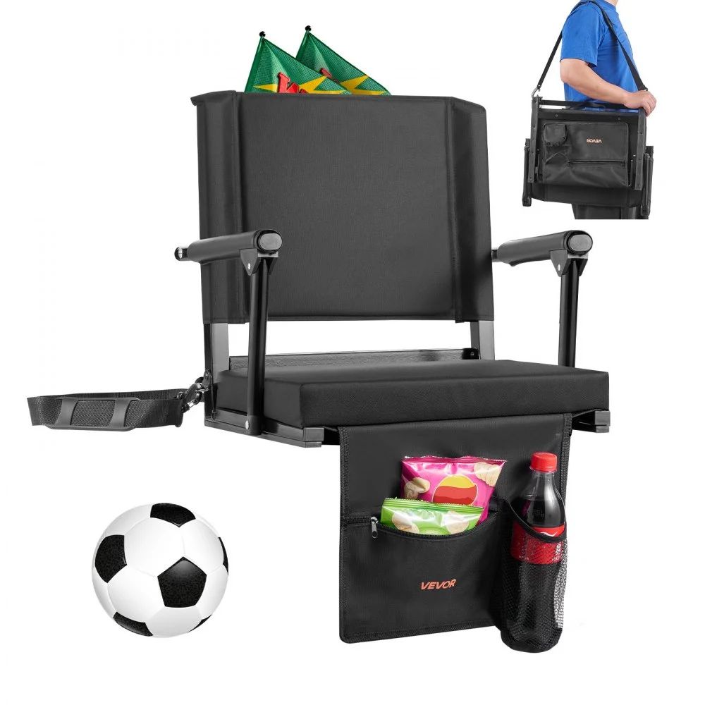 VEVOR Stadium Seat, Portable Bleacher Seat with Armrest, Back Support and Thick Cushion, Bench Chair for Bleacher Includes Shoulder Strap, Hooks, Cup Holder, Black Football Bleachers Seats, 1PCS