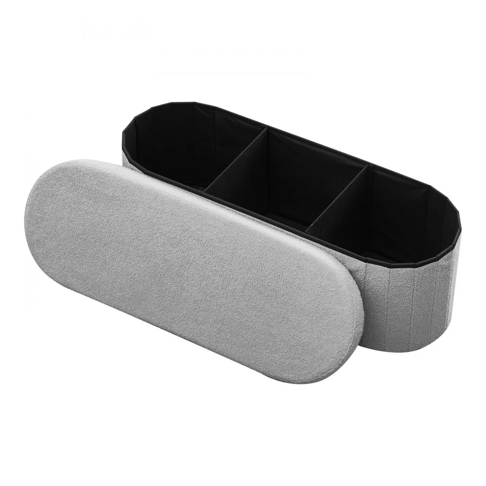 VEVOR Oval Storage Ottoman Bench, Foldable Teddy Fleece End of Bed Bench, Folding Upholstered Bed Ottoman Chest with Large Storage Space, Supports 660 lbs, for Living Room, Bedroom, Entryway, Grey