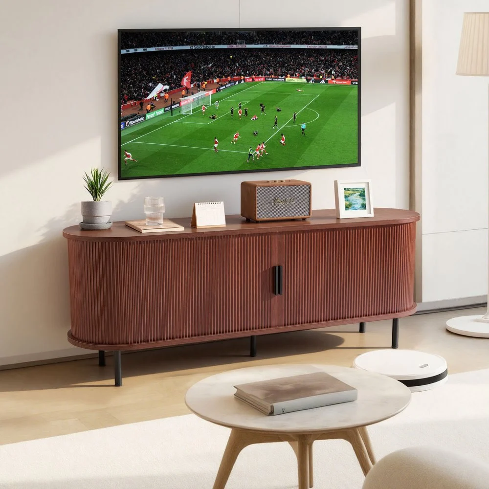 VEVOR TV Stand, Boho Entertainment Center for TVs up to 58 in, 350 lbs Load, TV Media Console Table with Adjustable Storage Shelves & Rolling Door, Television Stand for Living Room, Bedroom, Brown