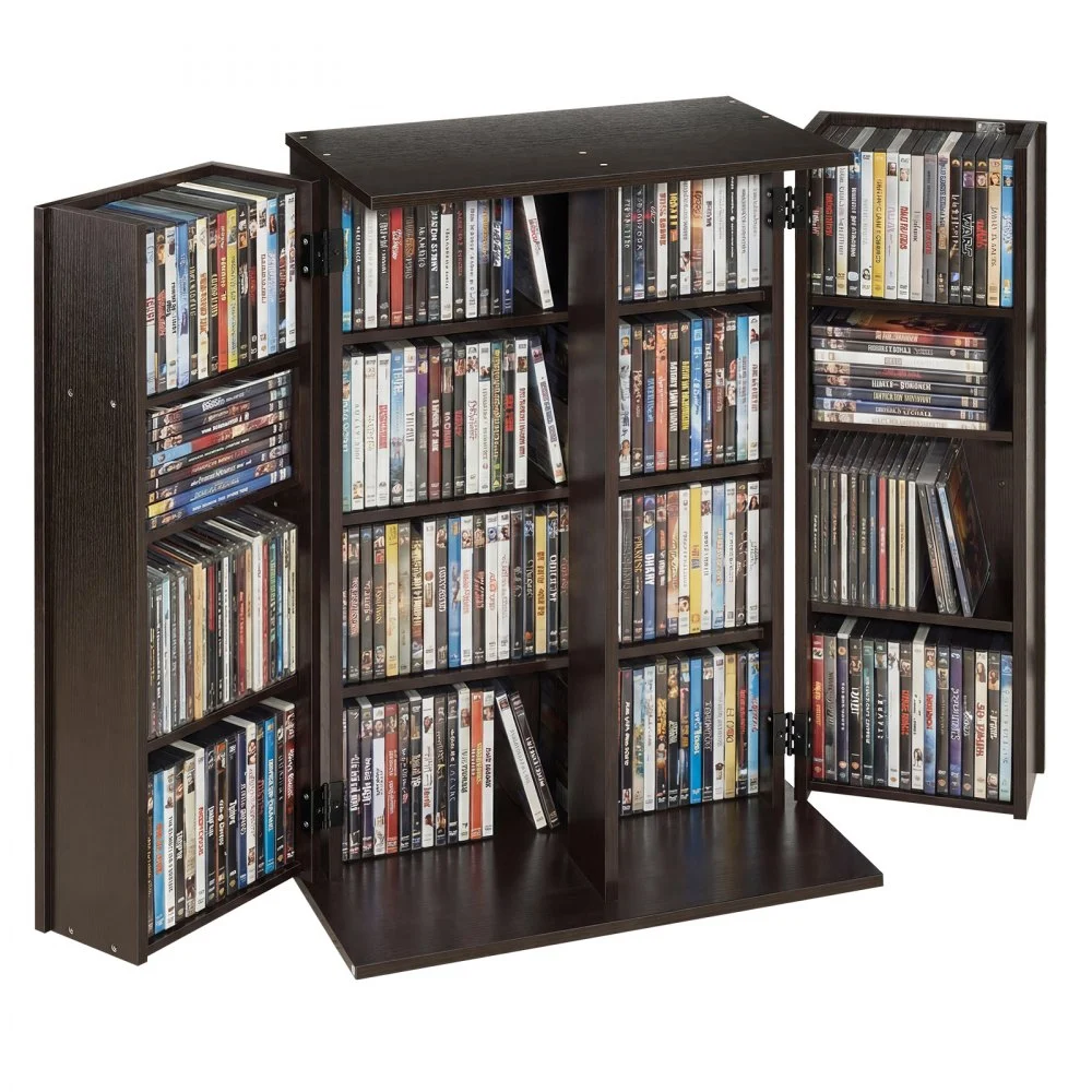 VEVOR Media Storage Cabinet, 4-Tier DVD Shelf Organizer, 24.02 x 14.49 x 33.31 in Multimedia Storage Organizer for CDs, DVDs, Books, Games, CD Shelf for Living Room, Home Office, Recording Room, Brown