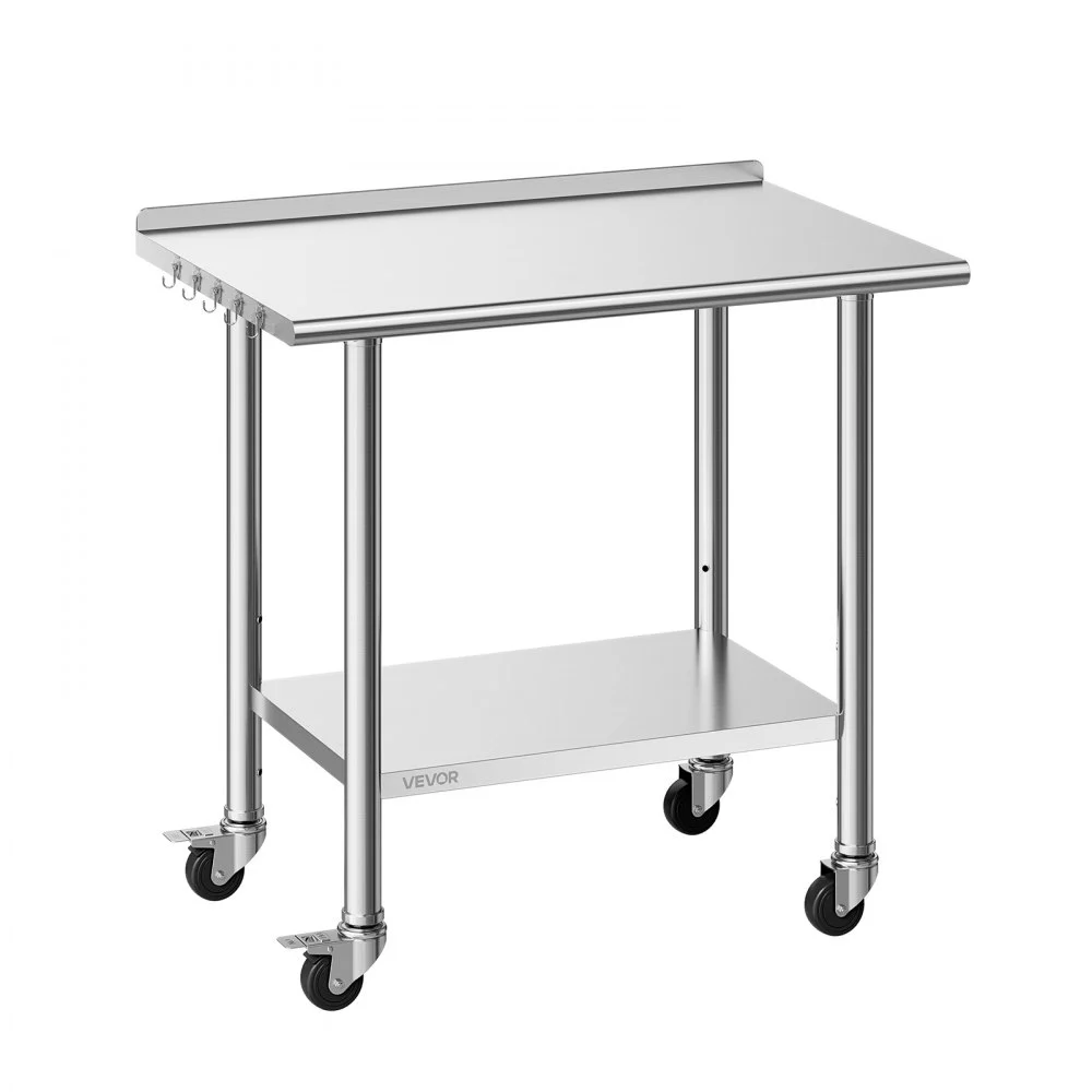 VEVOR Stainless Steel Work Table, 24x36 inch Food Prep Table with Wheels and Backsplash, Commercial Kitchen Workstation with Adjustable Undershelf, Metal Utility Worktable, for Restaurant Home Outdoor