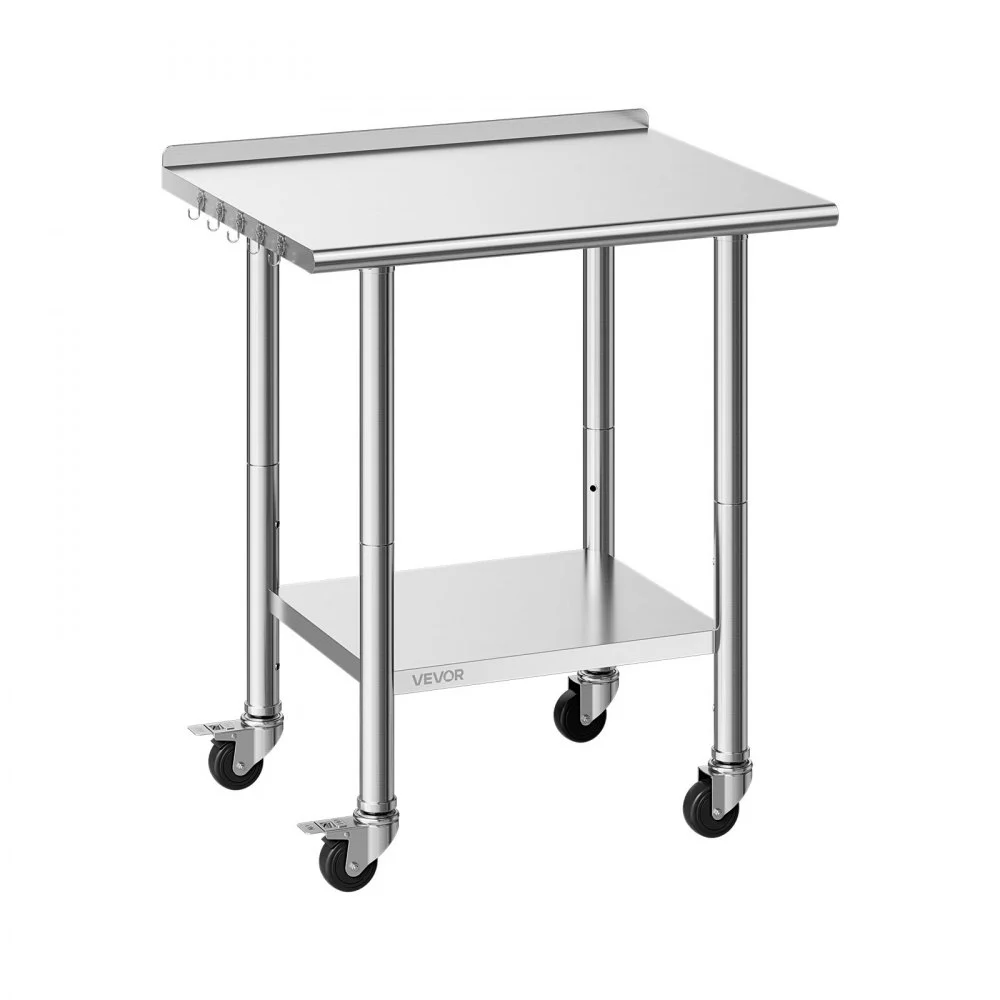 VEVOR Stainless Steel Work Table, 24x30 inch Food Prep Table with Wheels and Backsplash, Commercial Kitchen Workstation with Adjustable Undershelf, Metal Utility Worktable, for Restaurant Home Outdoor