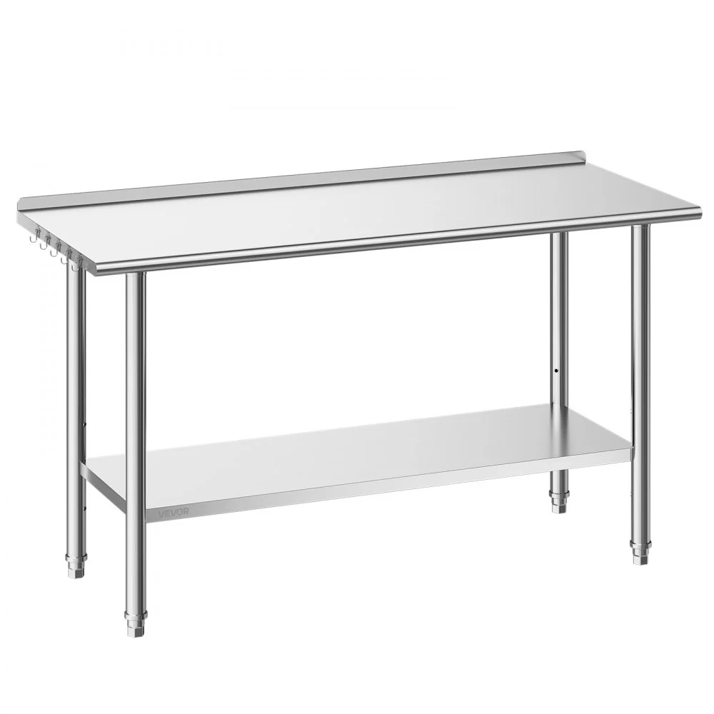 VEVOR Stainless Steel Work Table, 24x60 Inch Food Prep Table with Backsplash, Commercial Kitchen Workstation with Adjustable Undershelf, Metal Heavy Duty Utility Worktable, for Restaurant Home Outdoor